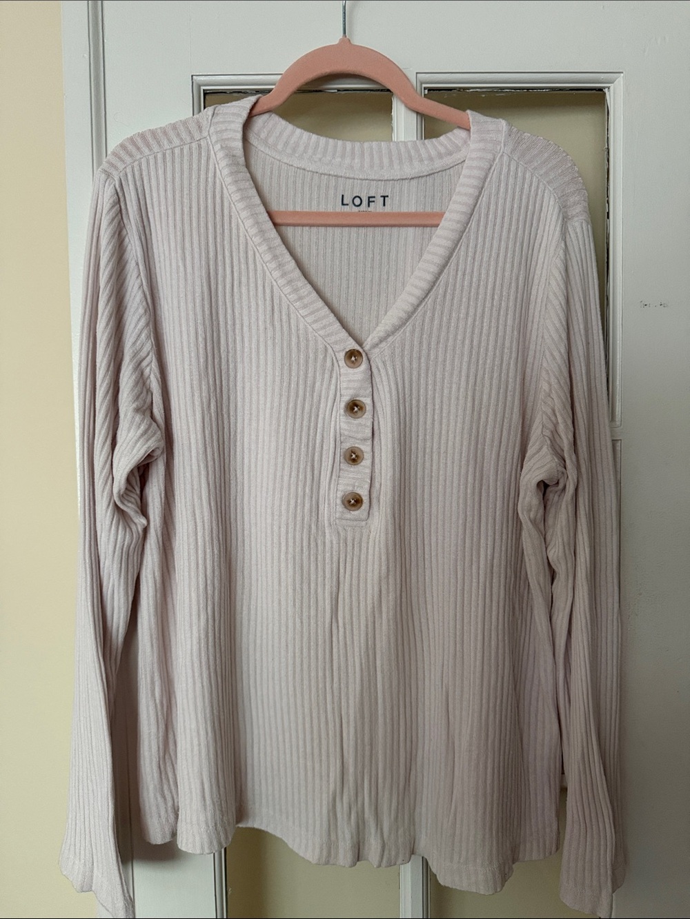 LOFT Long-Sleeve Ribbed Henley in Beige